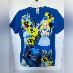 Alice In Wonderland Disney Scrubs Tooniforms VNeck Top Blue Size XS Side Pockets